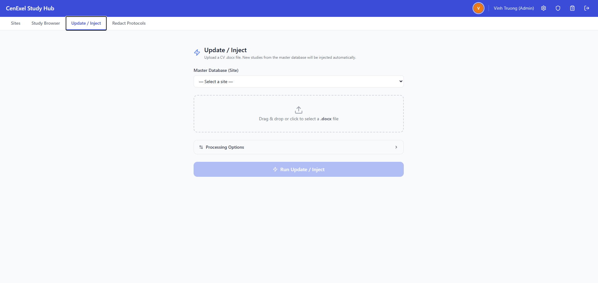Web application showing the Update and Inject document processing view